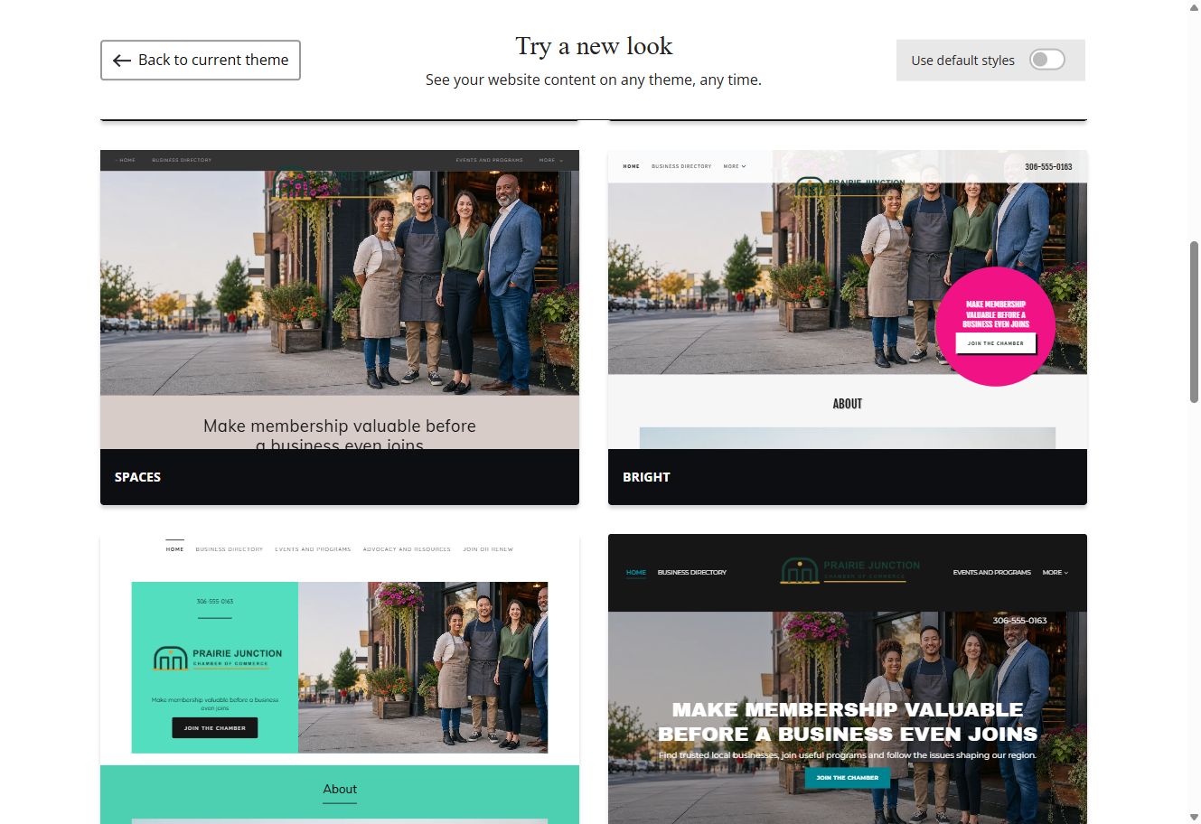 Spaces and Bright theme previews for Prairie Junction with default styles switched off