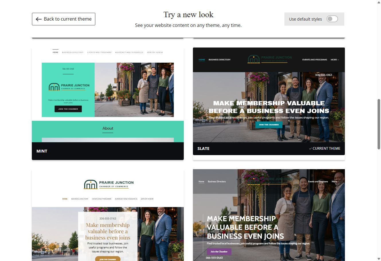 Mint and Slate theme previews for Prairie Junction with default styles switched off