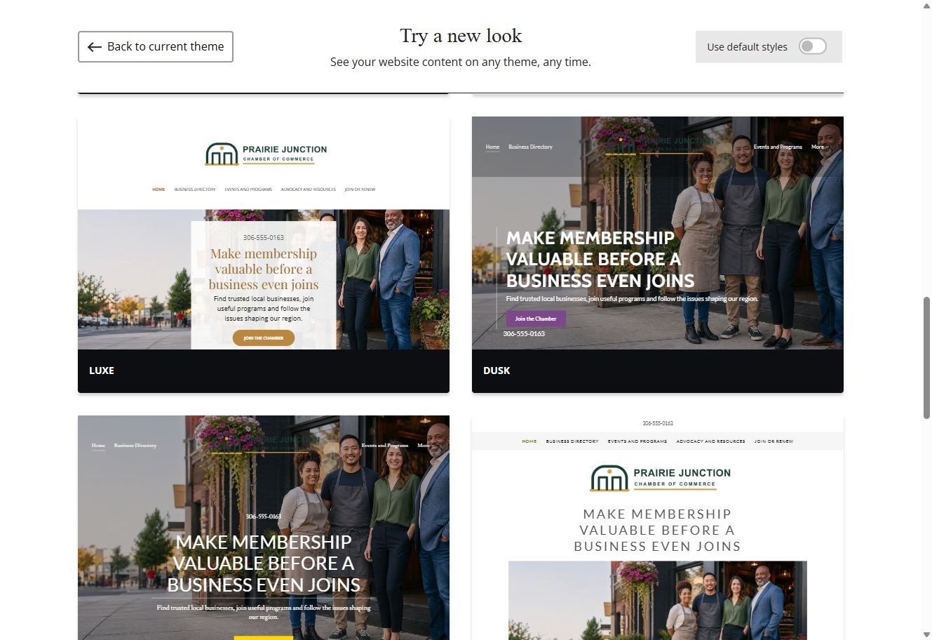 Luxe and Dusk theme previews for Prairie Junction with default styles switched off
