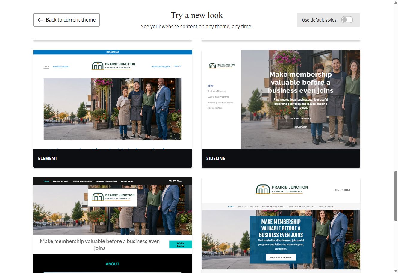 Element and Sideline theme previews for Prairie Junction with default styles switched off