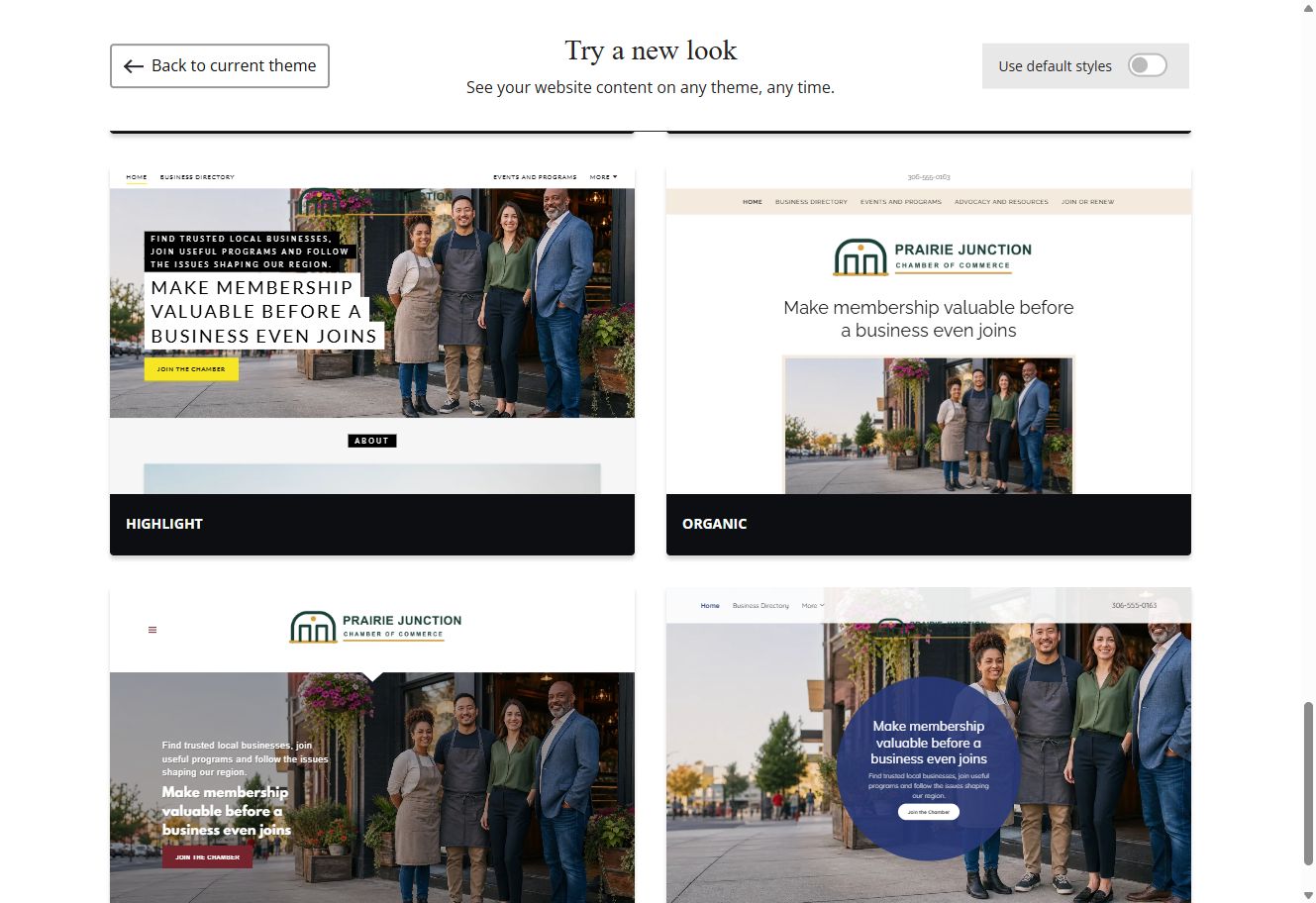 Highlight and Organic theme previews for Prairie Junction with default styles switched off