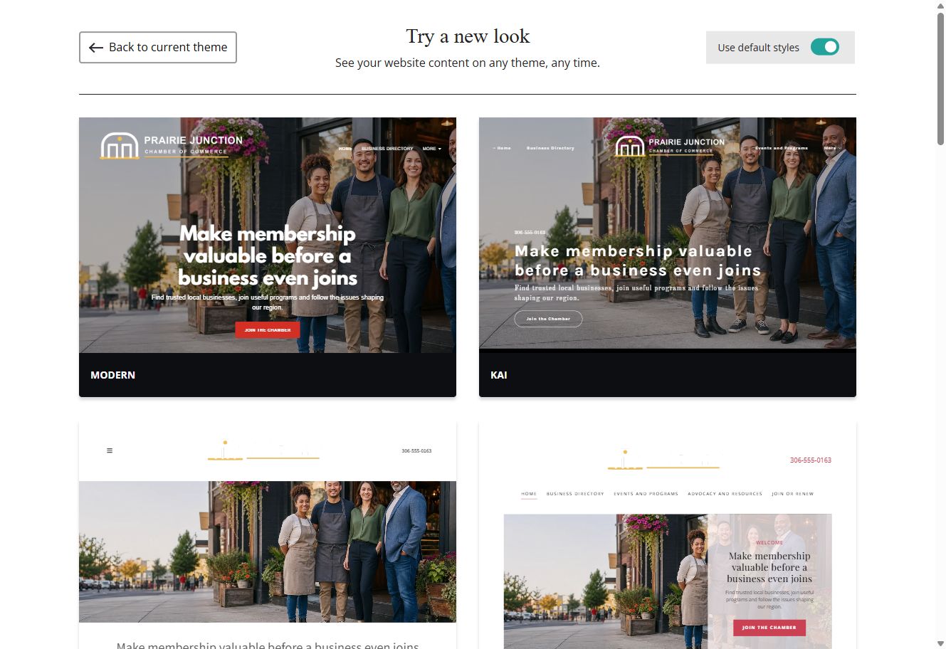 Modern and Kai theme previews for Prairie Junction with default styles switched on
