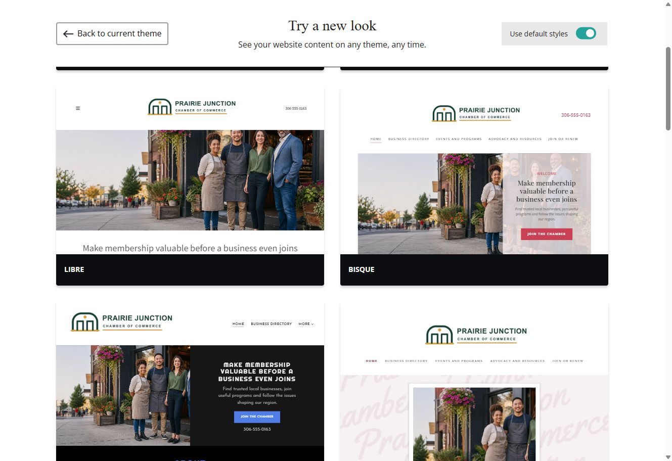 Libre and Bisque theme previews for Prairie Junction with default styles switched on