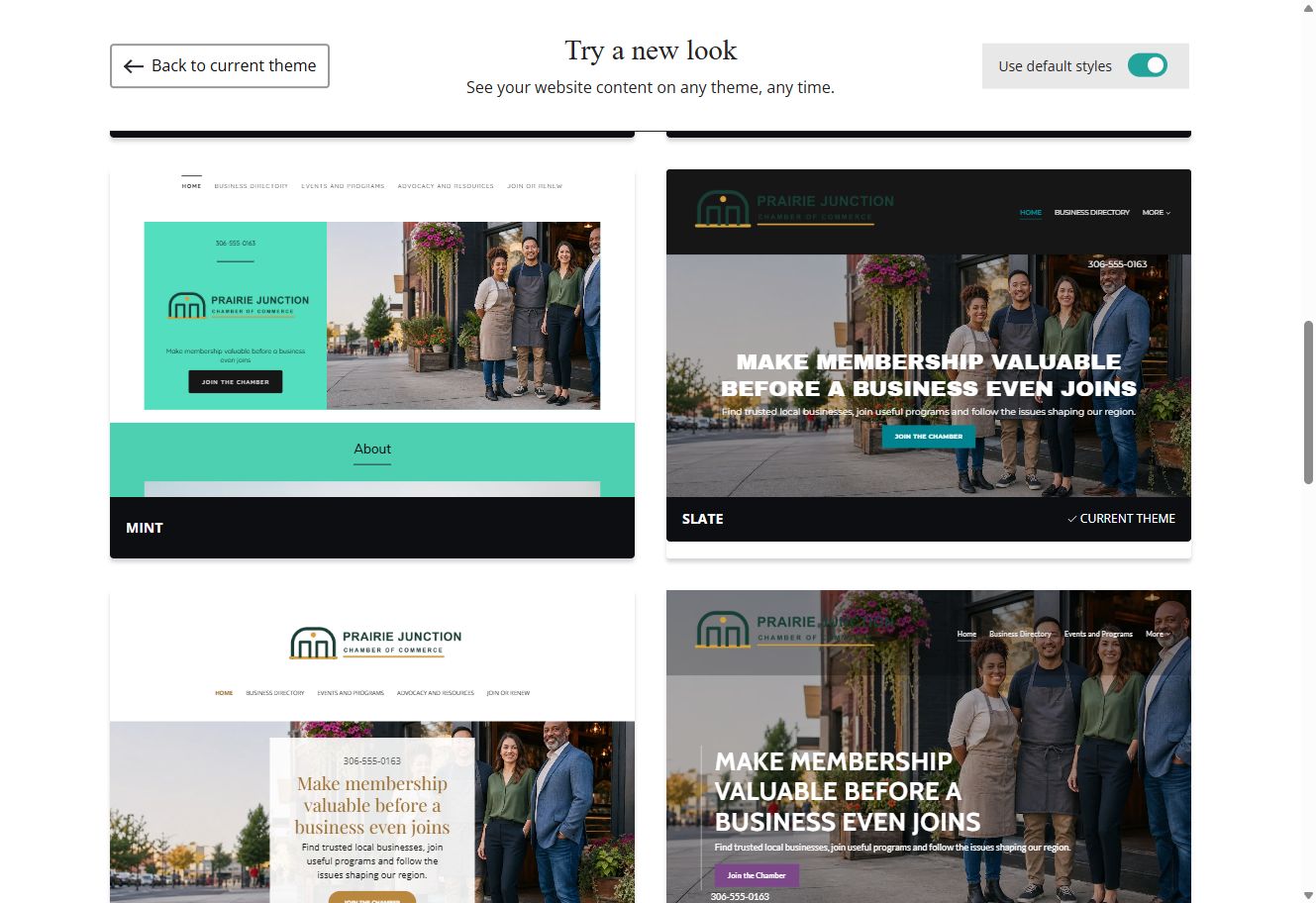 Mint and Slate theme previews for Prairie Junction with default styles switched on