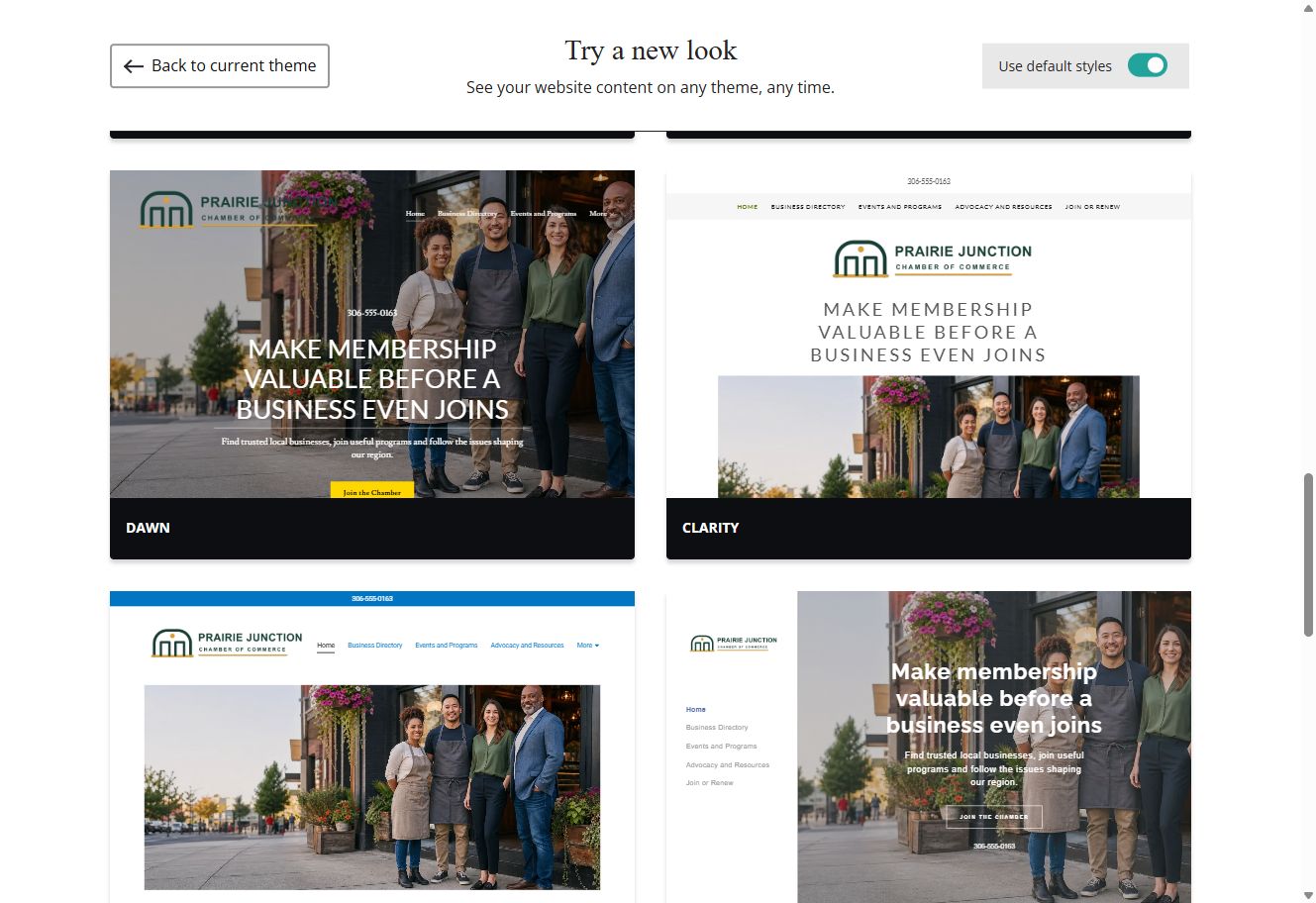 Dawn and Clarity theme previews for Prairie Junction with default styles switched on