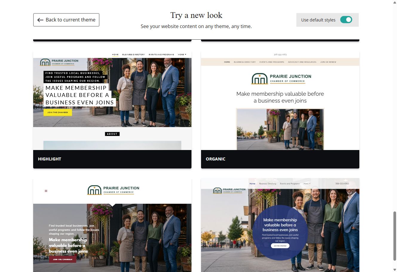 Highlight and Organic theme previews for Prairie Junction with default styles switched on