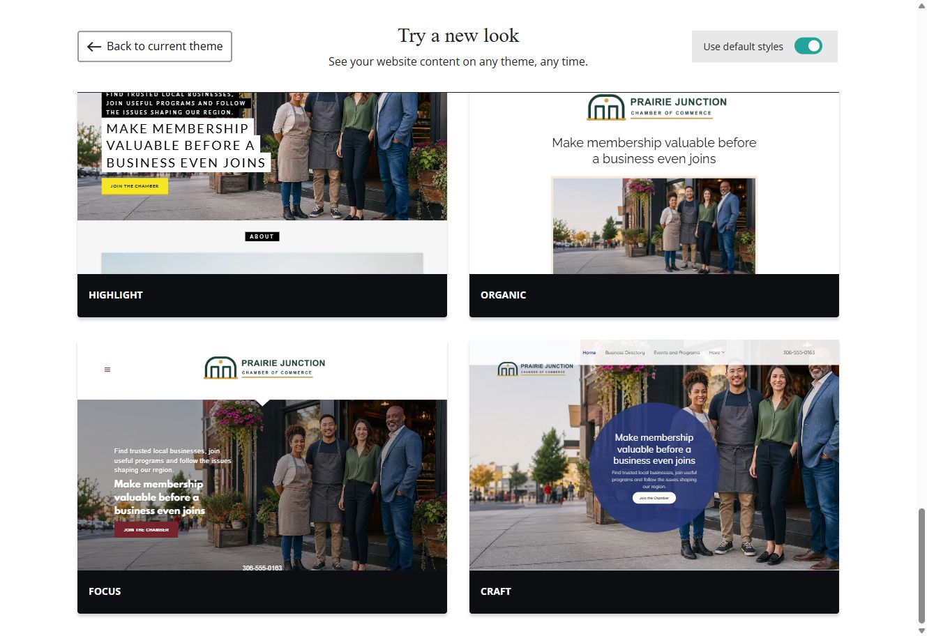 Focus and Craft theme previews for Prairie Junction with default styles switched on