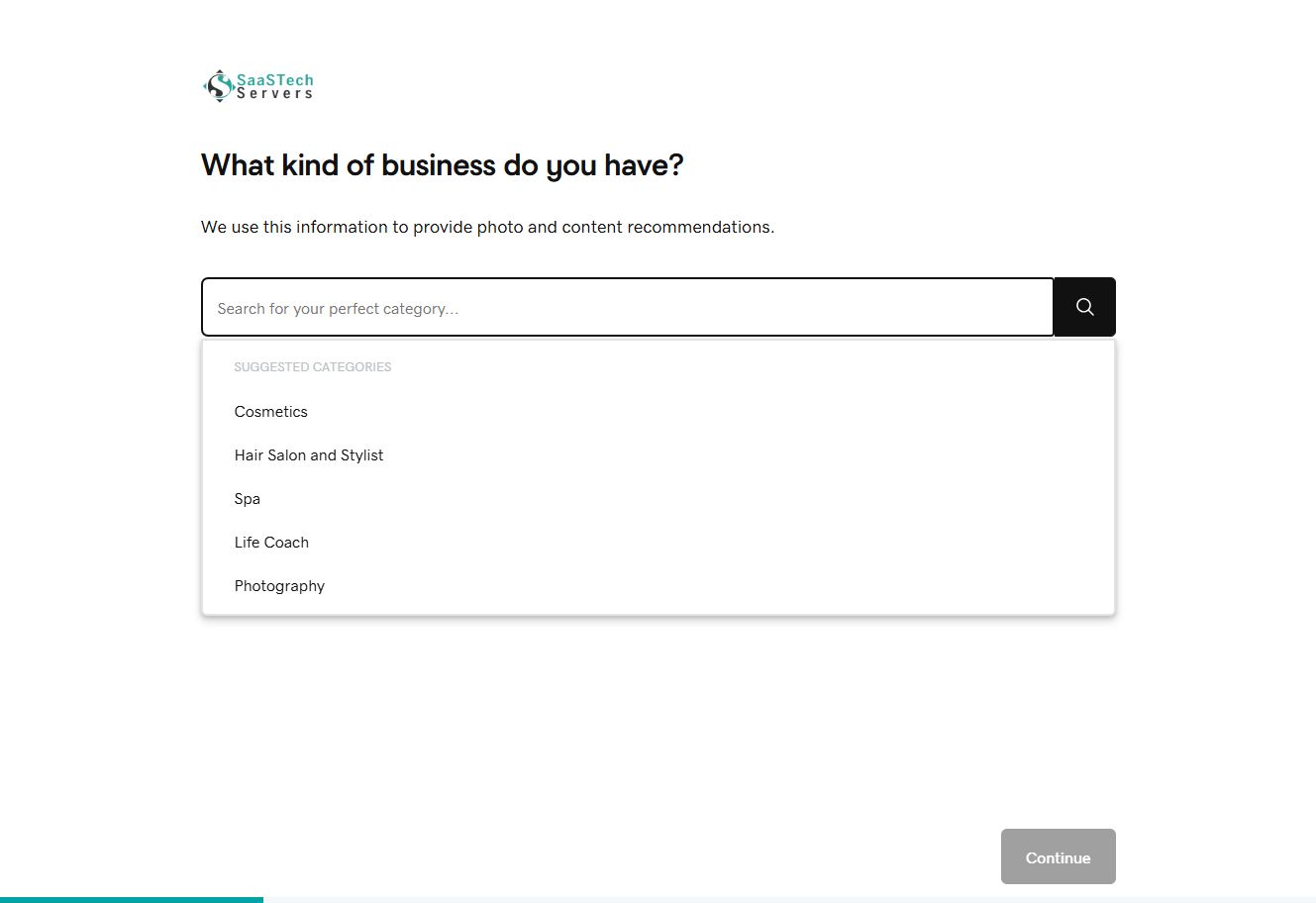Website Builder asking for a business or organization category