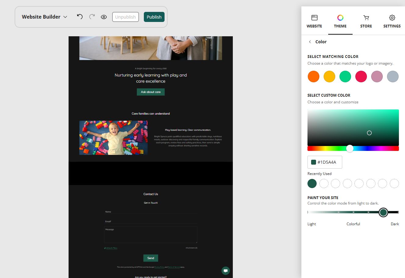 Website Builder Paint your site controls for Bright Spruce