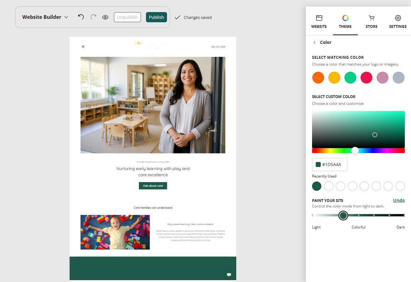Bright Spruce home page in the Website Builder soft colour paint setting