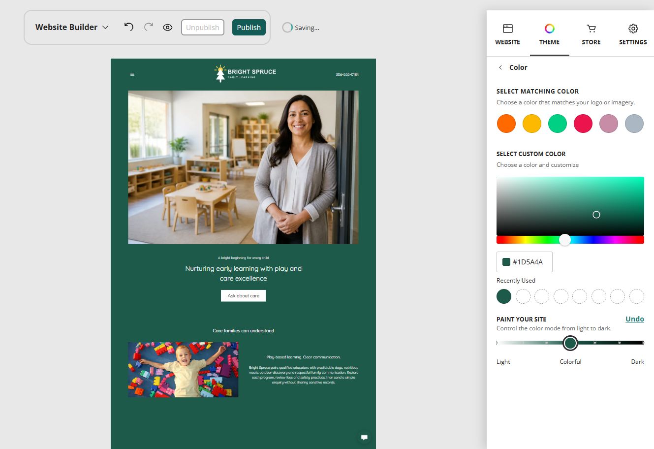 Bright Spruce home page in the Website Builder colourful paint setting