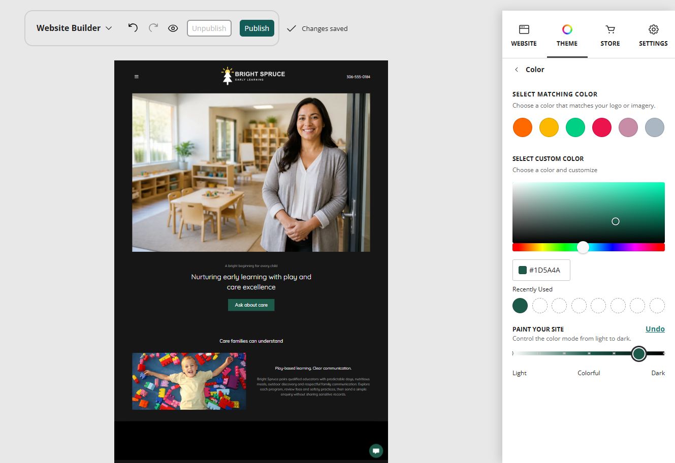 Bright Spruce home page in the Website Builder deep colour paint setting