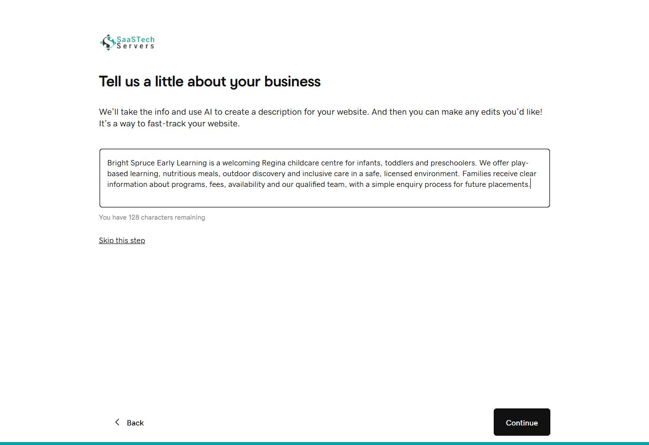 Website Builder description prompt for Bright Spruce Early Learning