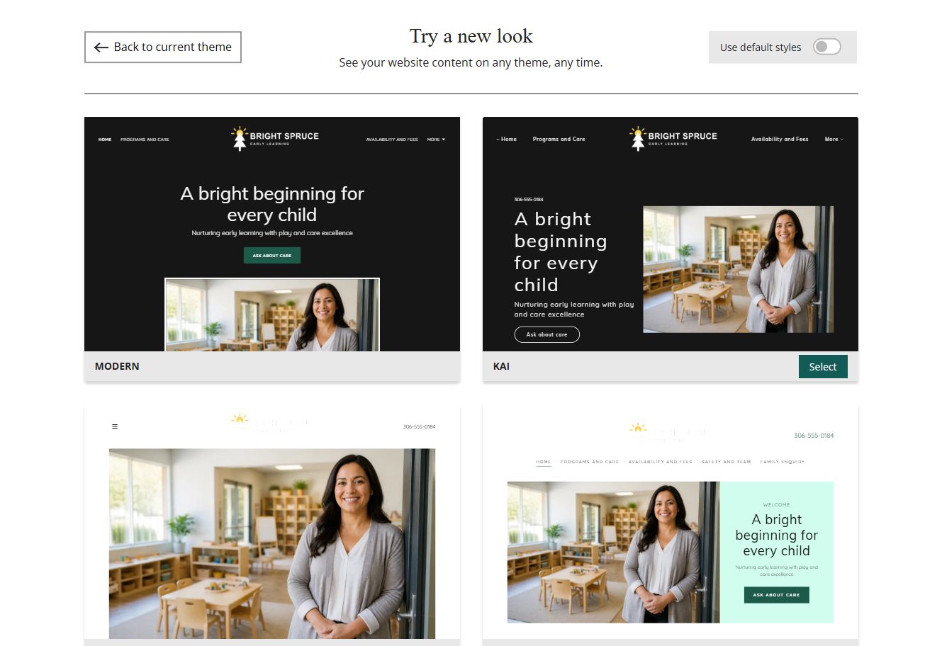 Website Builder theme previews for Bright Spruce using chosen colours, group 1