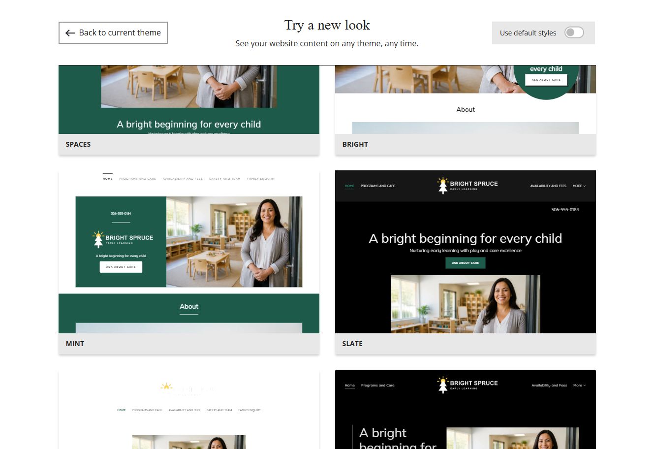 Website Builder theme previews for Bright Spruce using chosen colours, group 4