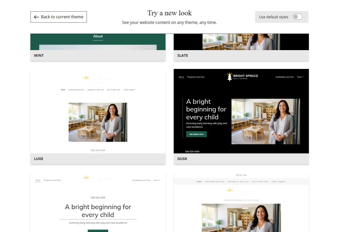 Website Builder theme previews for Bright Spruce using chosen colours, group 5