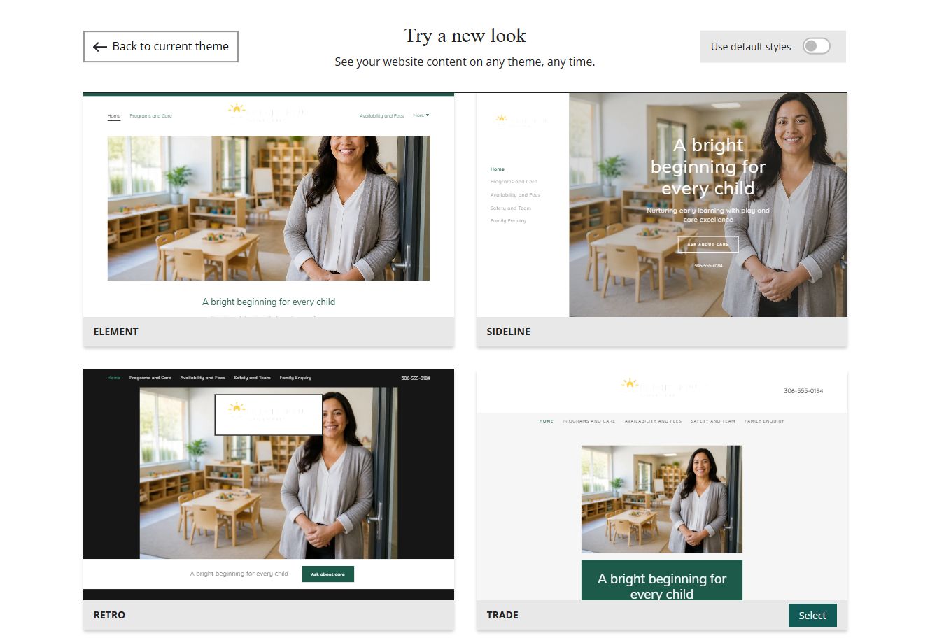 Website Builder theme previews for Bright Spruce using chosen colours, group 7