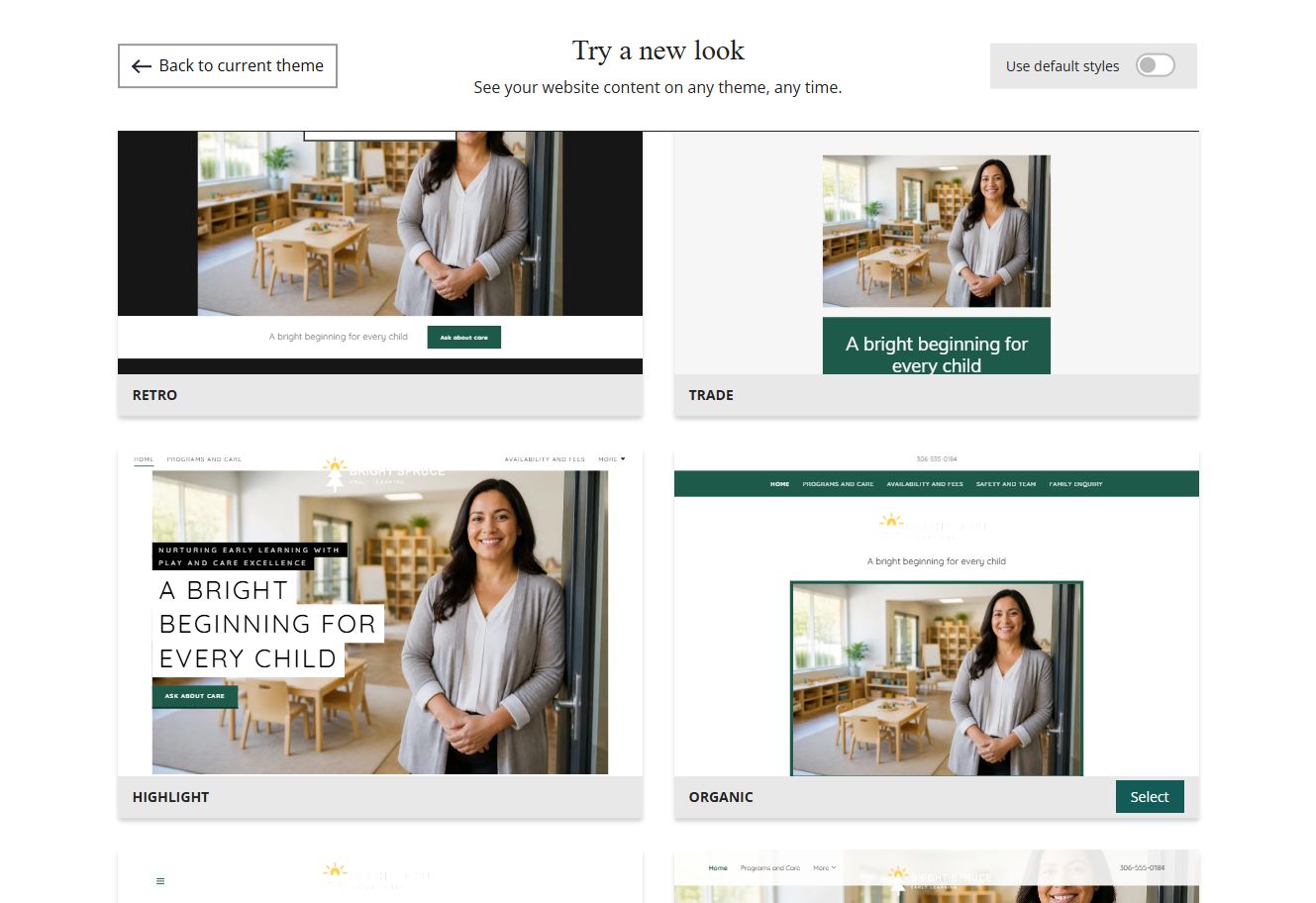 Website Builder theme previews for Bright Spruce using chosen colours, group 8