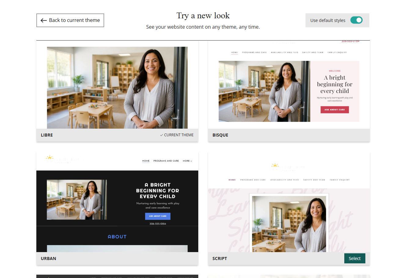 Website Builder theme previews for Bright Spruce using default styles, group 2