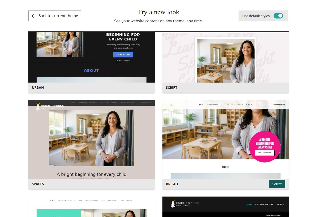 Website Builder theme previews for Bright Spruce using default styles, group 3