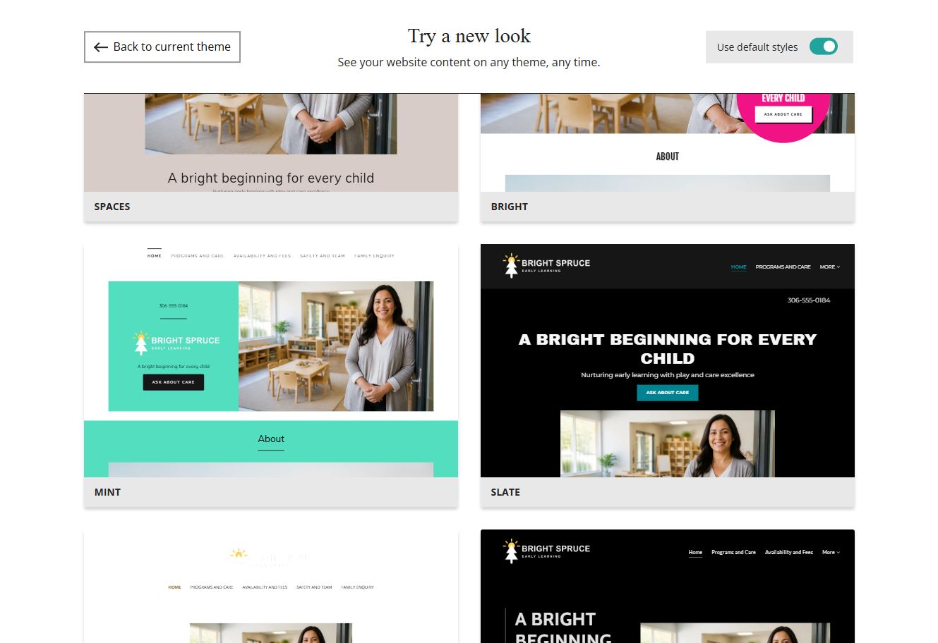 Website Builder theme previews for Bright Spruce using default styles, group 4