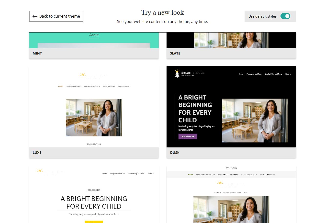 Website Builder theme previews for Bright Spruce using default styles, group 5