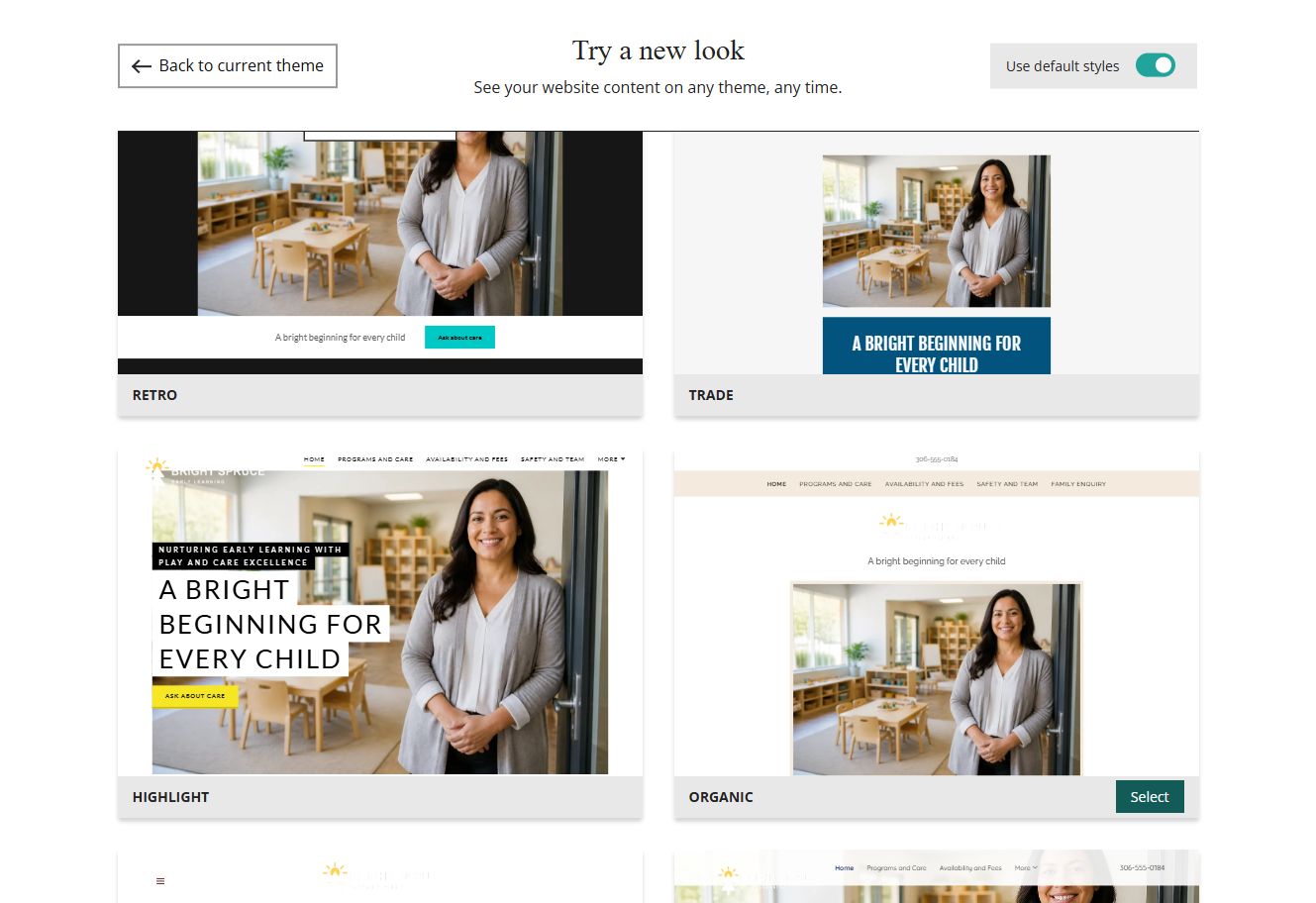 Website Builder theme previews for Bright Spruce using default styles, group 8