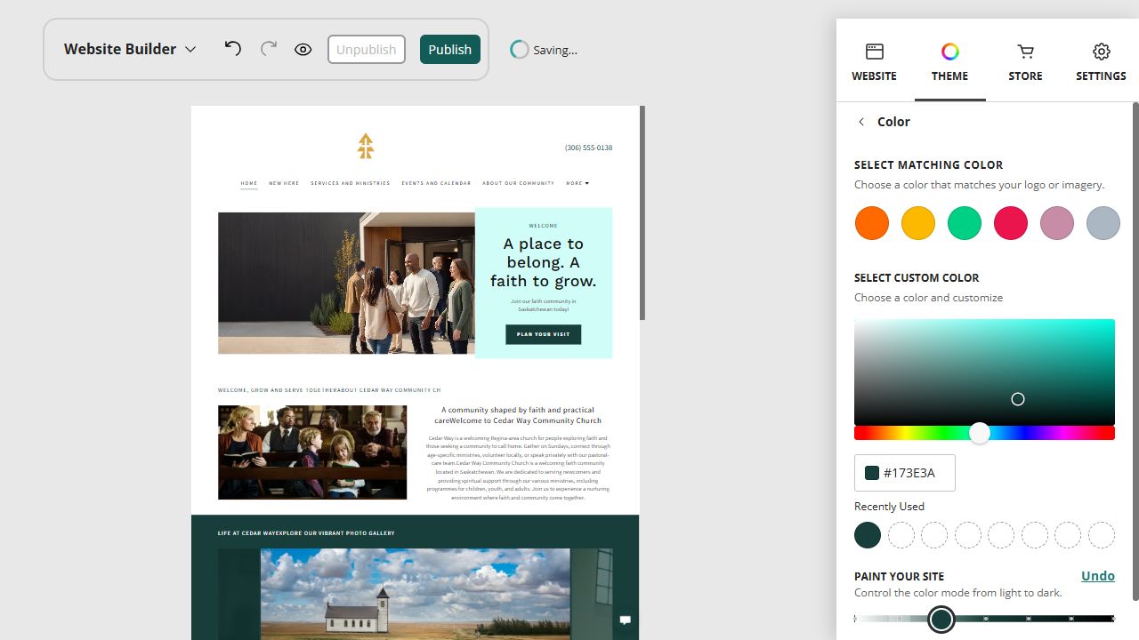 Cedar Way Community Church home page in the Website Builder soft colour paint setting