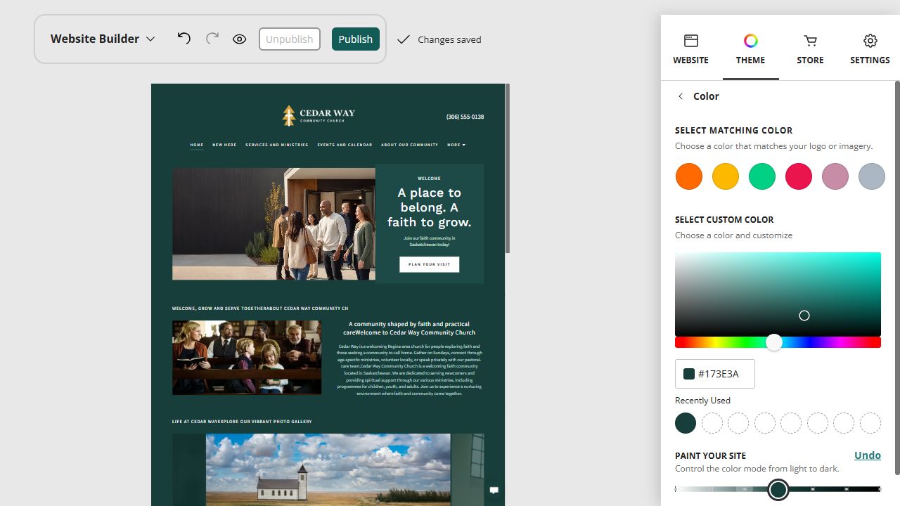Cedar Way Community Church home page in the Website Builder colourful paint setting