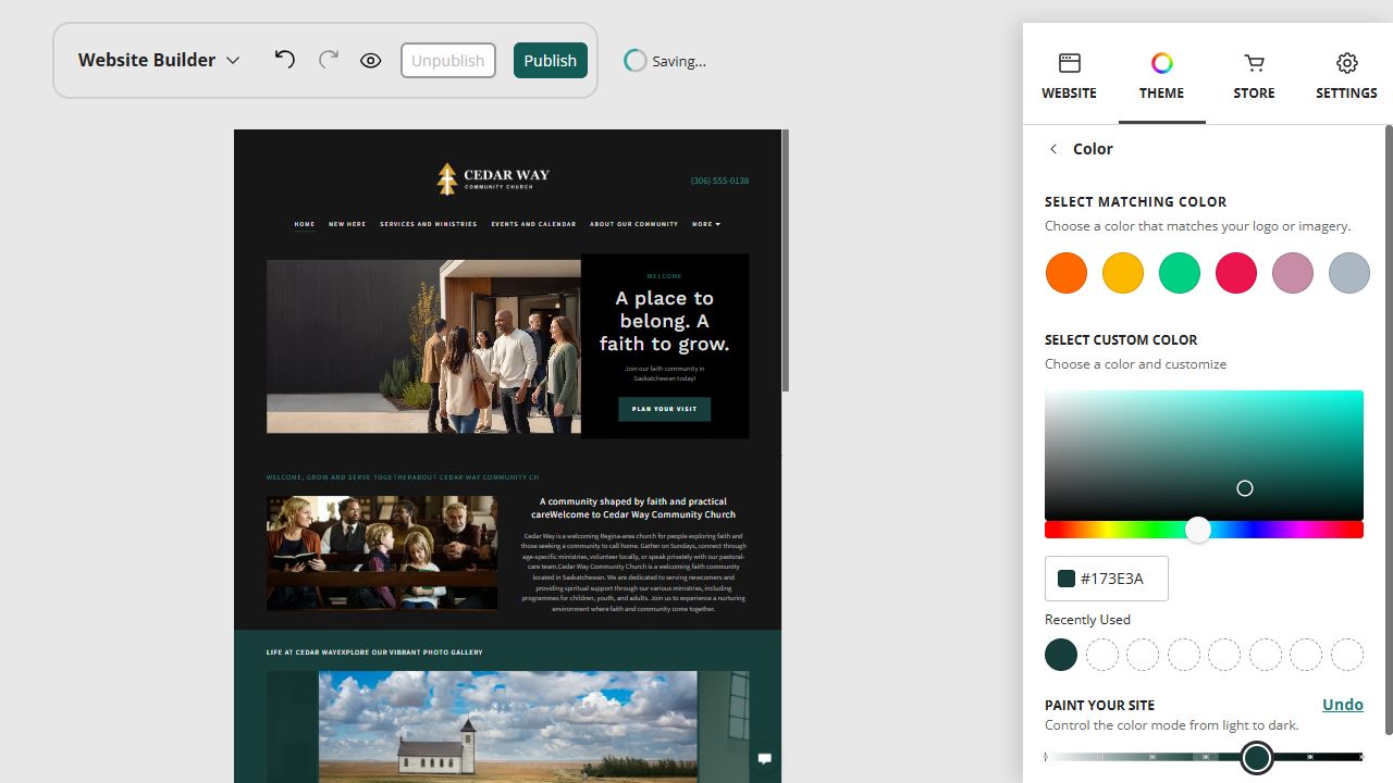 Cedar Way Community Church home page in the Website Builder rich colour paint setting