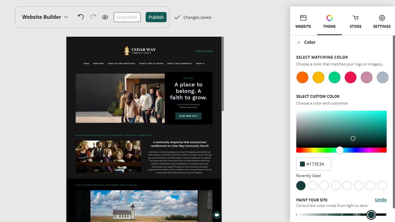Cedar Way Community Church home page in the Website Builder deep colour paint setting
