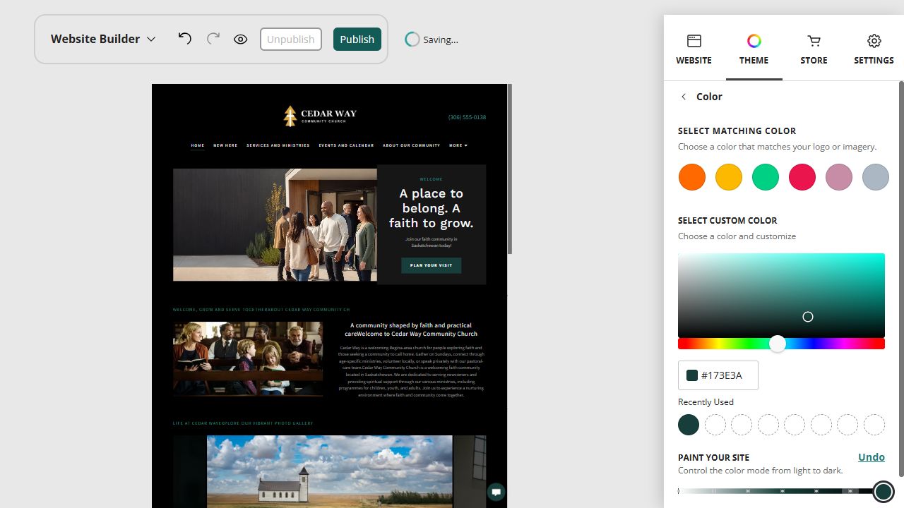 Cedar Way Community Church home page in the Website Builder darkest paint setting