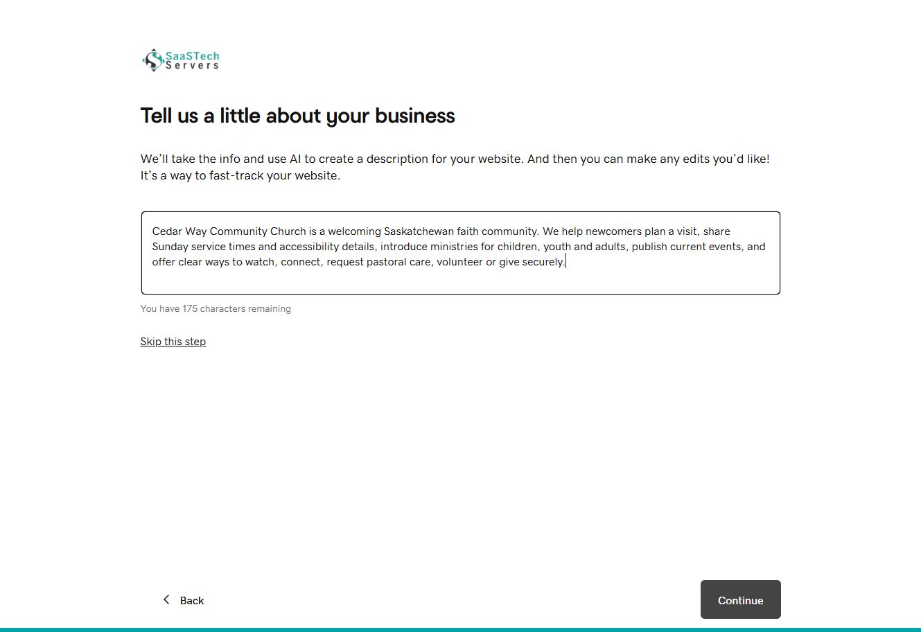 Website Builder setup with the Cedar Way Community Church description