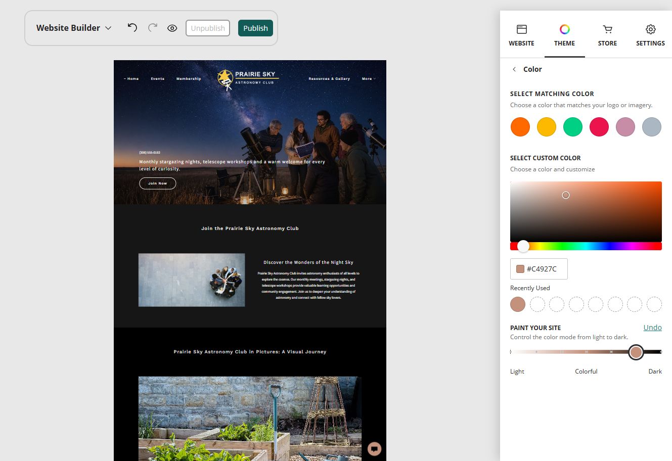 Website Builder Paint your site controls for Prairie Sky Astronomy Club