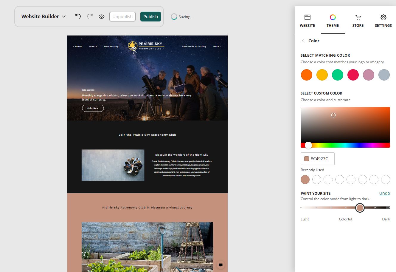 Prairie Sky Astronomy Club home page in the Website Builder rich colour paint setting
