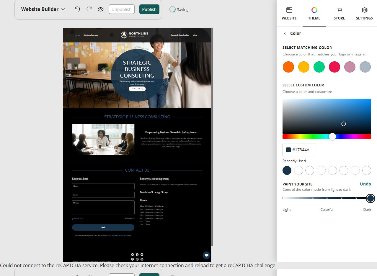 Northline Strategy Group home page in the Website Builder darkest paint setting