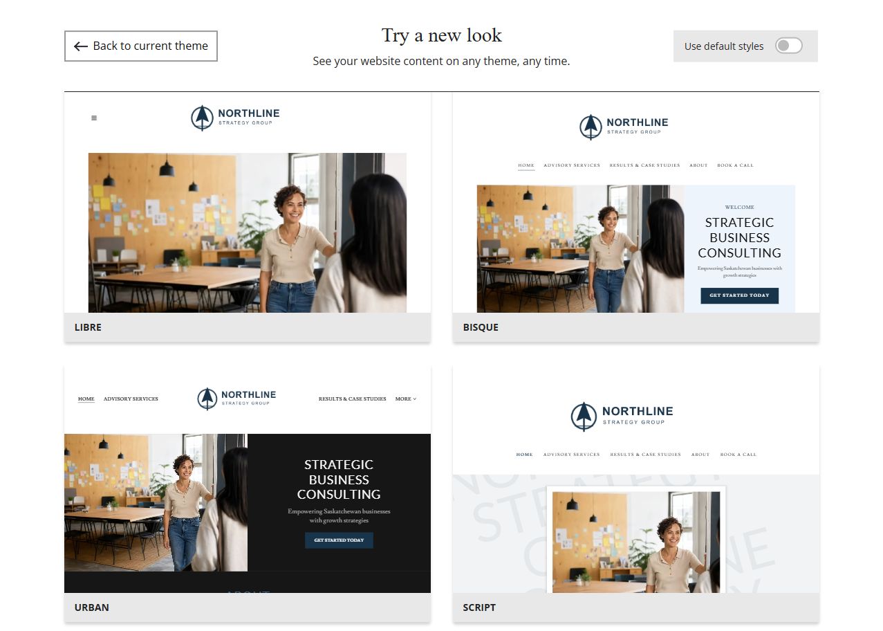 Website Builder theme previews for Northline Strategy Group using its chosen colour, group 2