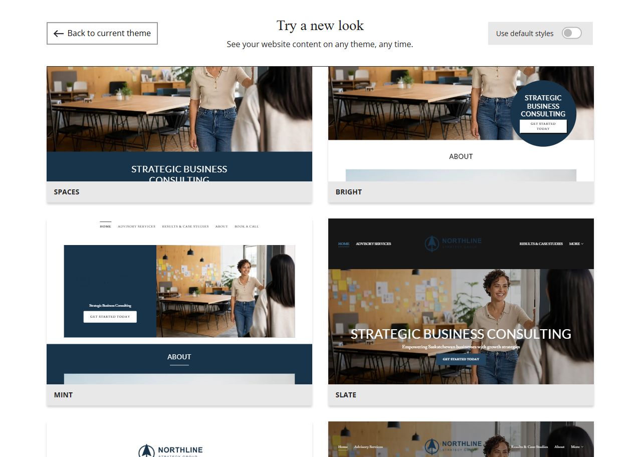 Website Builder theme previews for Northline Strategy Group using its chosen colour, group 4