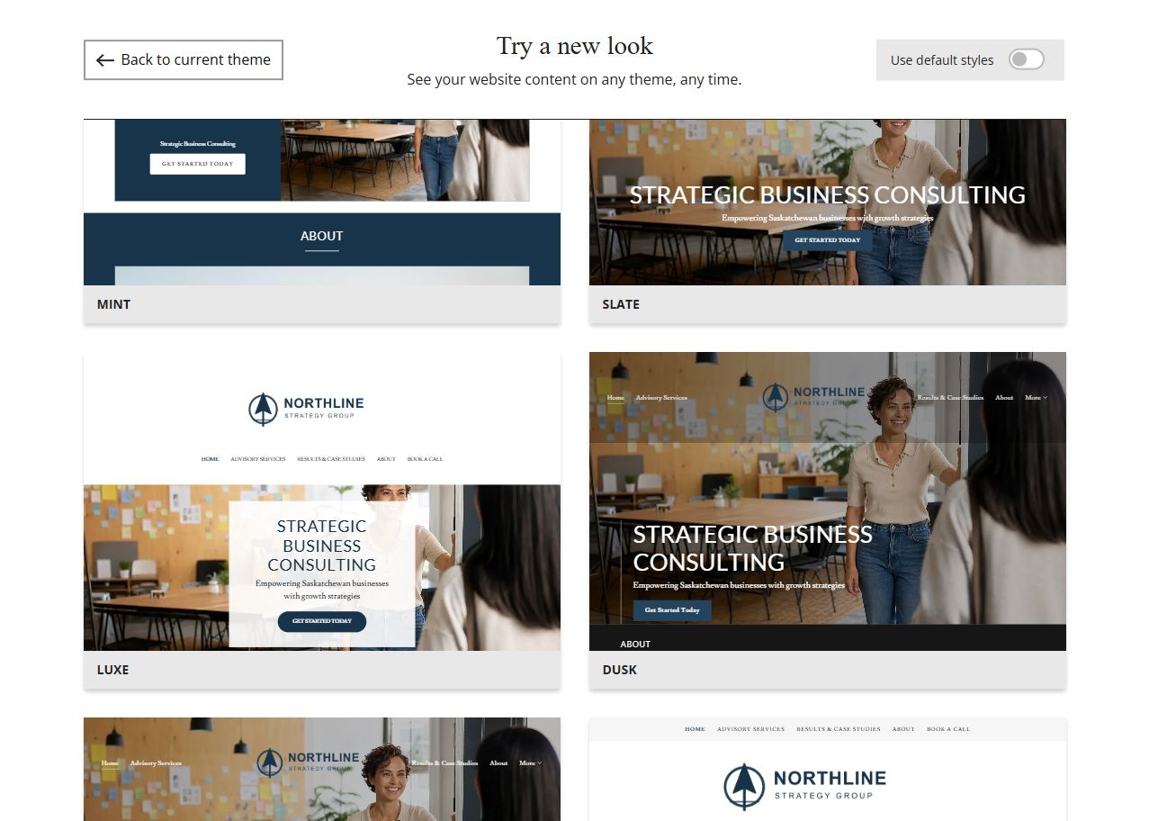 Website Builder theme previews for Northline Strategy Group using its chosen colour, group 5