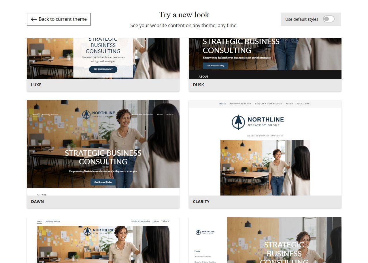Website Builder theme previews for Northline Strategy Group using its chosen colour, group 6