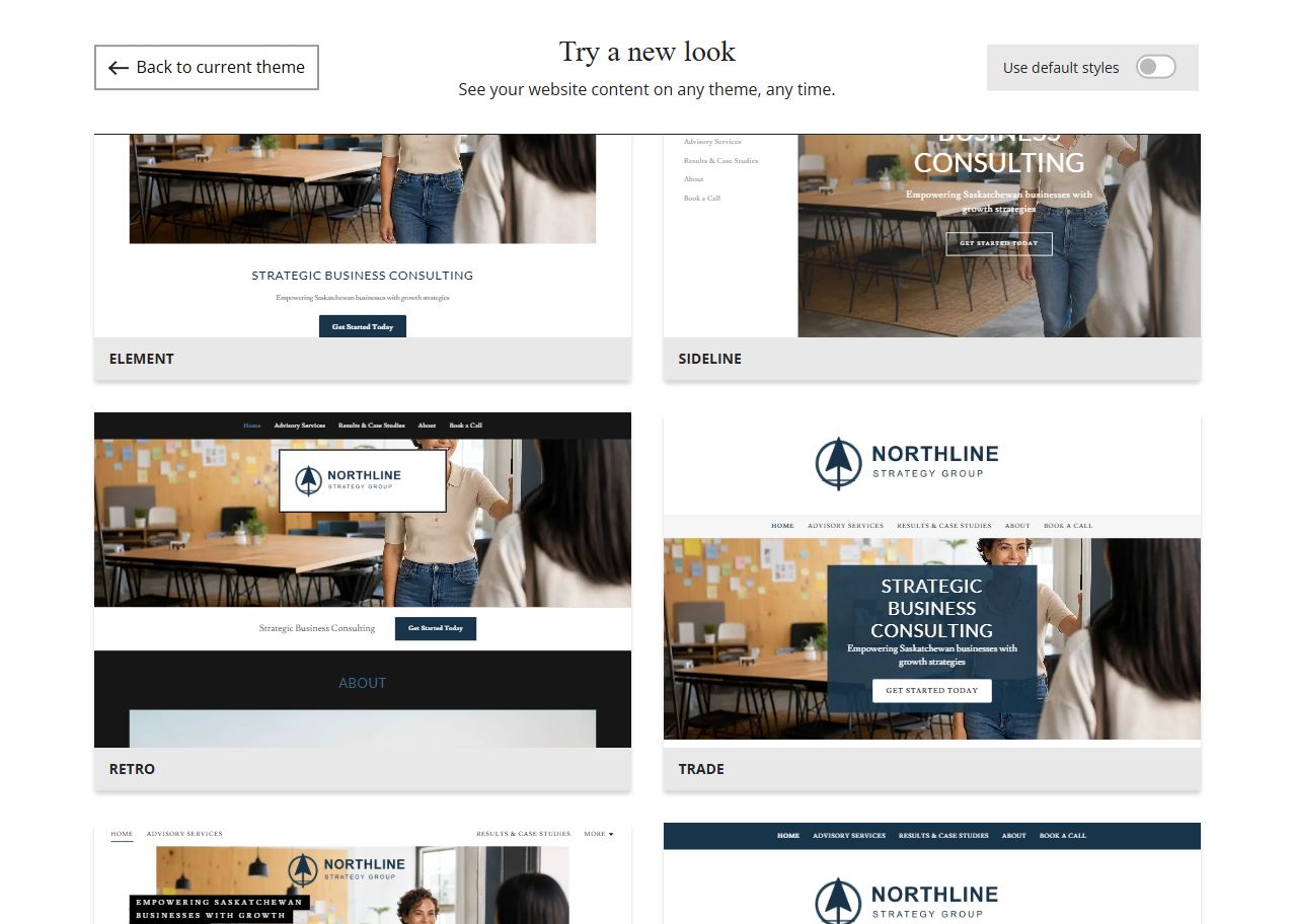 Website Builder theme previews for Northline Strategy Group using its chosen colour, group 7