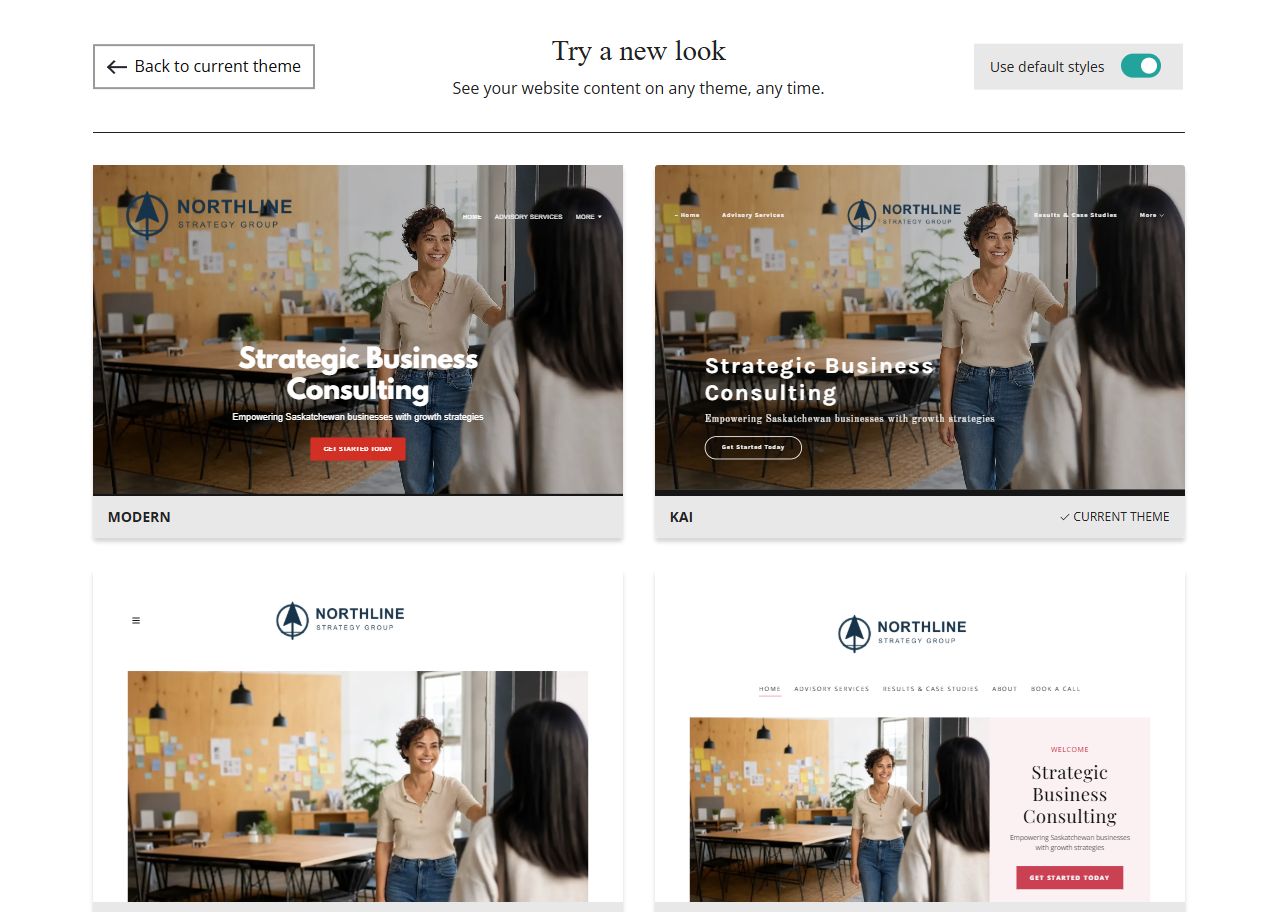 Website Builder theme previews for Northline Strategy Group using default styles, group 1