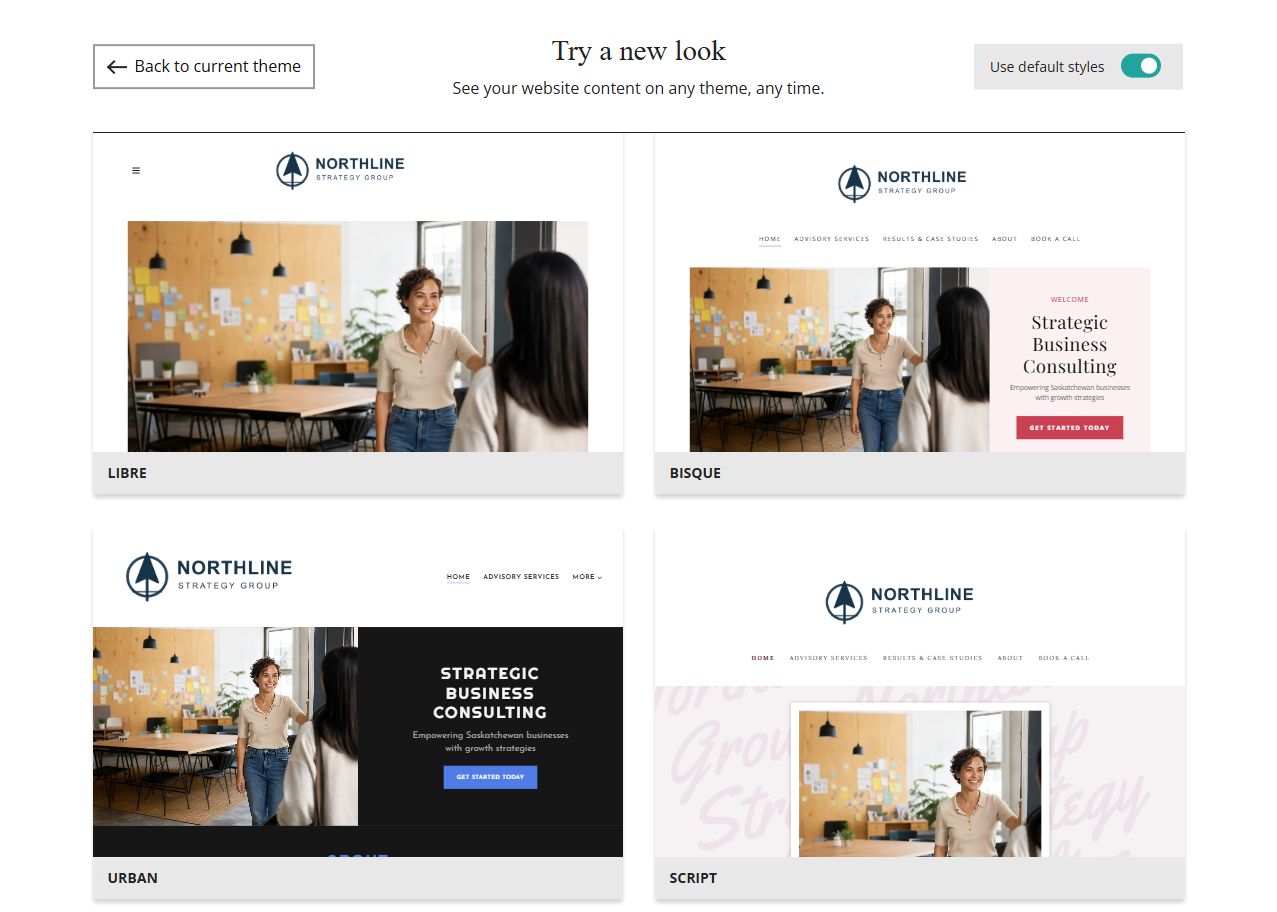 Website Builder theme previews for Northline Strategy Group using default styles, group 2
