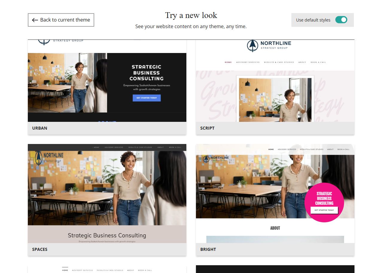 Website Builder theme previews for Northline Strategy Group using default styles, group 3