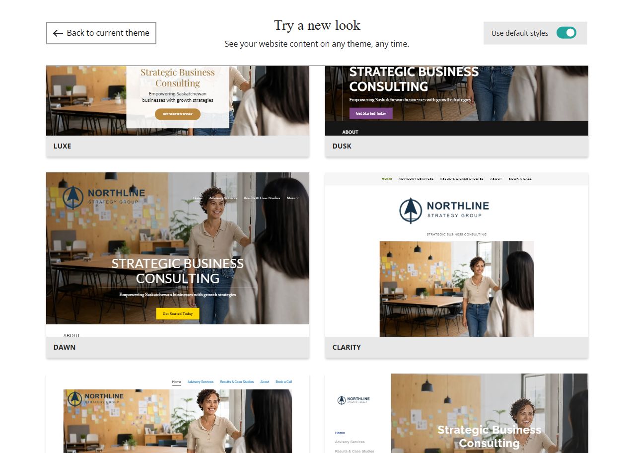 Website Builder theme previews for Northline Strategy Group using default styles, group 6