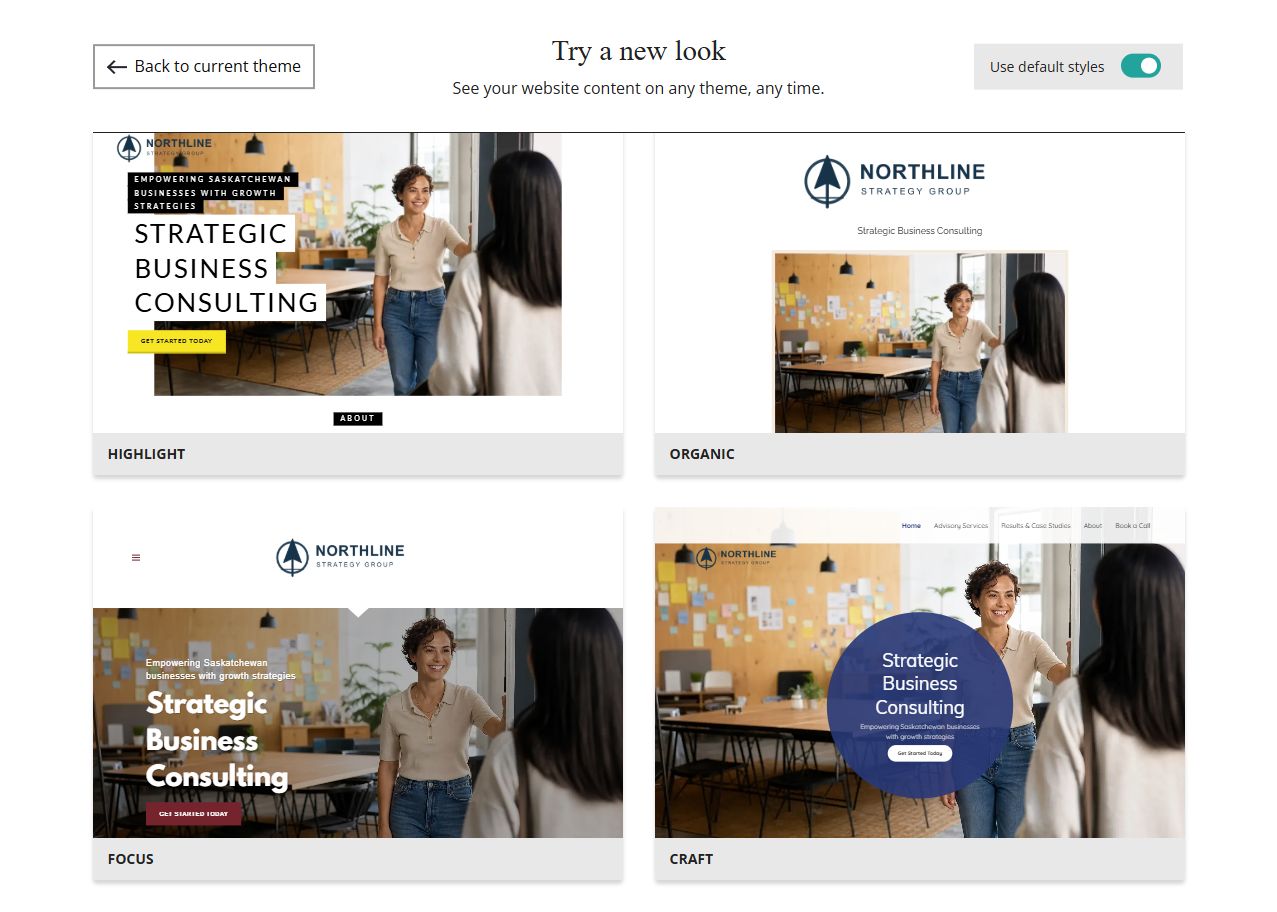 Website Builder theme previews for Northline Strategy Group using default styles, group 8