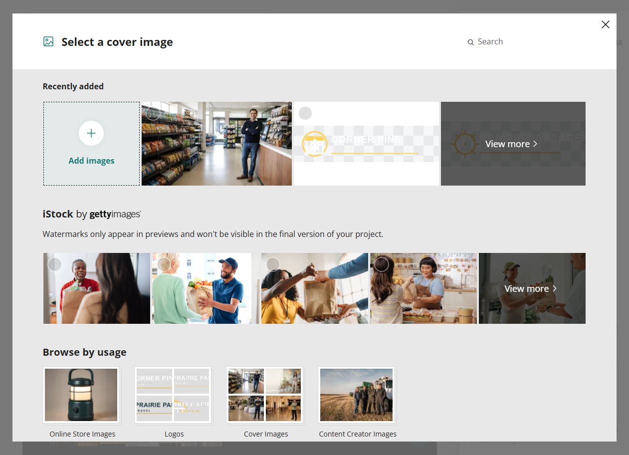 Corner Pine Market images in the Website Builder media library