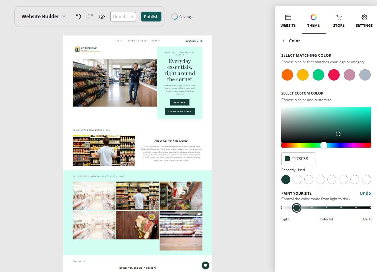 Corner Pine Market at Website Builder Paint slider position 2 of 7, light toward colourful