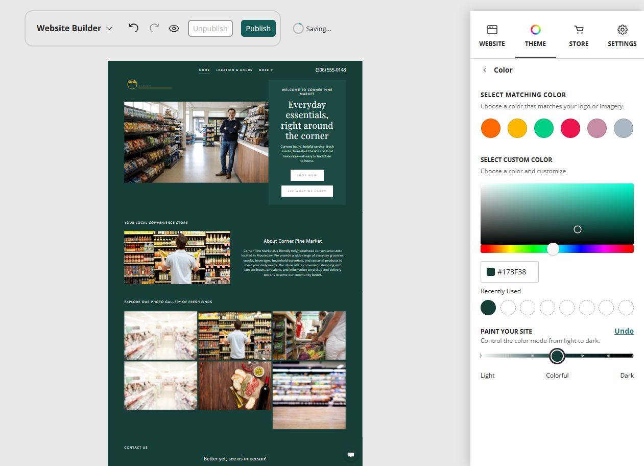 Corner Pine Market at Website Builder Paint slider position 4 of 7, colourful midpoint