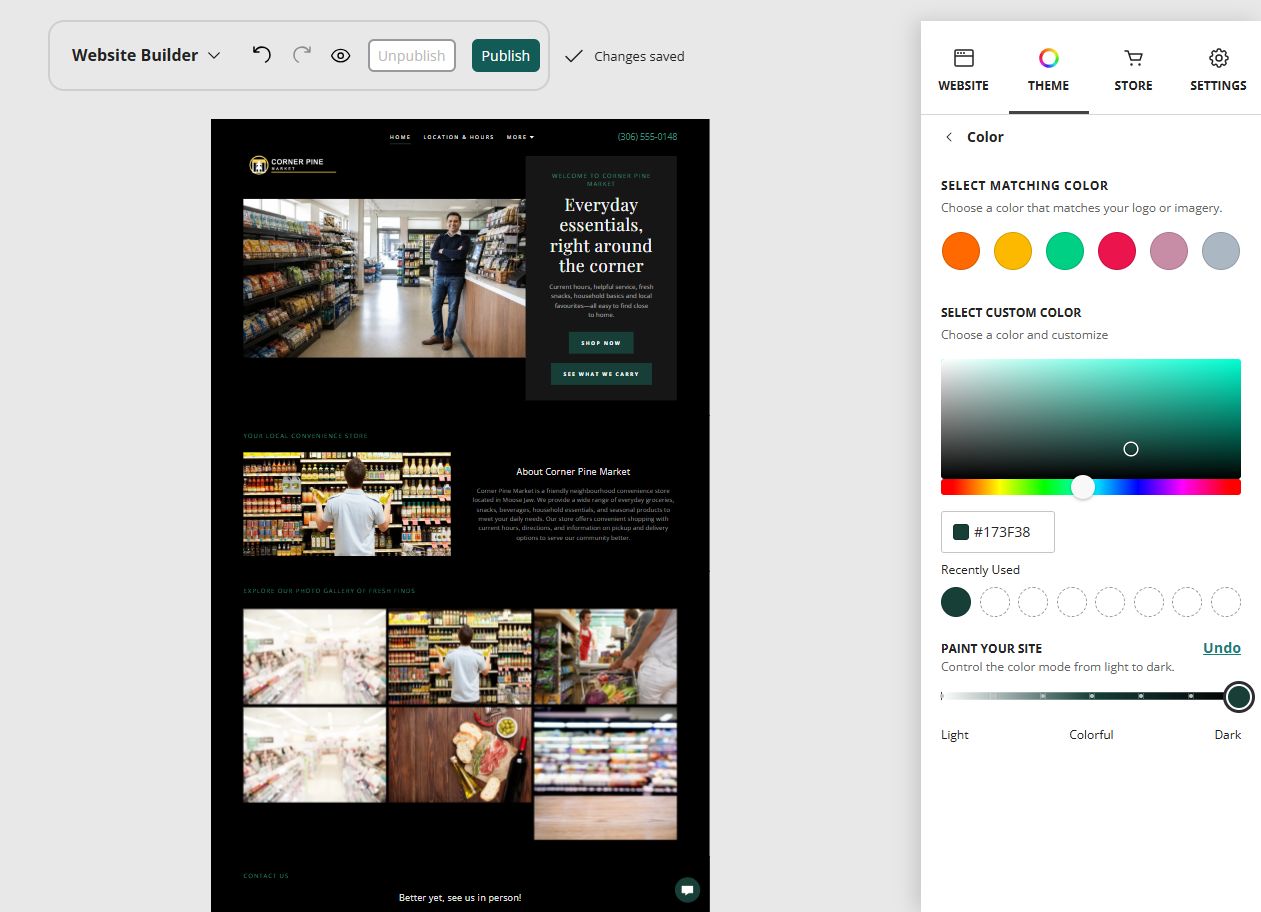 Corner Pine Market at Website Builder Paint slider position 7 of 7, dark